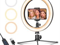 LED Ring Light 10" with Tripod Stand & Phone Holder for Live Streaming & YouTube Video, Dimmable Desk Makeup Ring Light for Photography, Shooting with 3 Light Modes & 10 Brightness Level