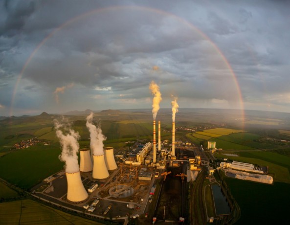 Power plant, chimney, rainbow