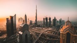 Sunrise shot of Downtown Dubai and Burj Khalifa