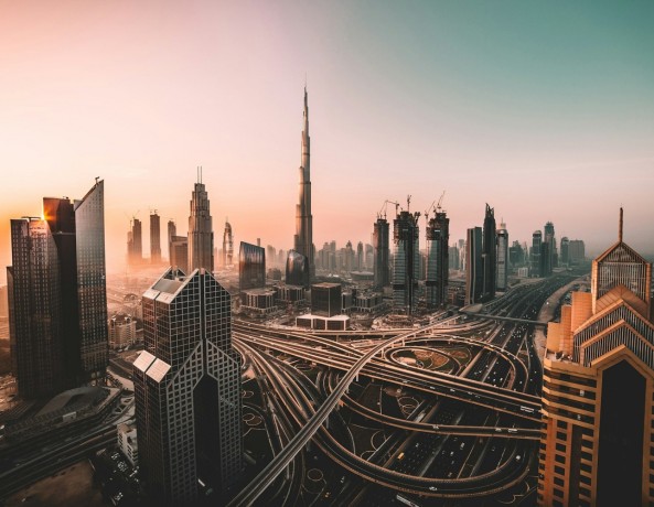 Sunrise shot of Downtown Dubai and Burj Khalifa